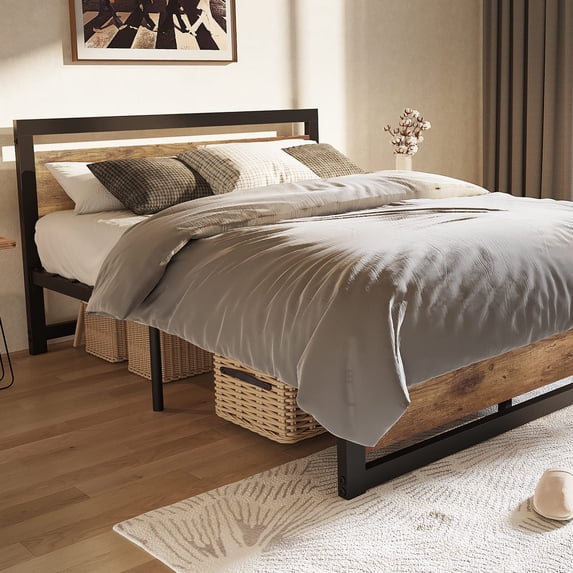 CREATIVE HOBBIES Metal and Wood Bed Frame with Headboard and Footboard Full Size Platform Bed Strong Metal Slat Support No Box Spring Needed Easy to Assemble