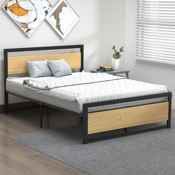 CREATIVE HOBBIES Metal and Wood Bed Frame with Headboard and Footboard Full Size Platform Bed Strong Metal Slat Support No Box Spring Needed Easy to Assemble