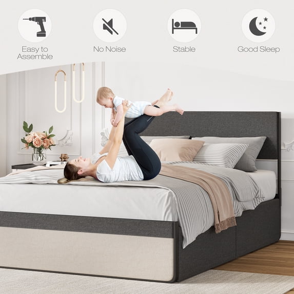 CREATIVE HOBBIES Modern Simple Platform Bed with Linen Upholstered Headboard and Footboard, Full Size Sturdy Steel Slat Bed Frame Mattress Enough Space for Storage