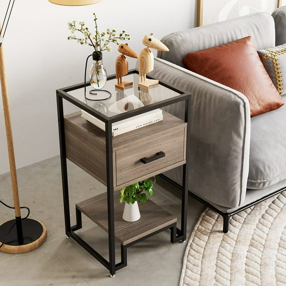 CREATIVE HOBBIES Nightstand, End Table with Storage Drawer and 3-Tier Storage & Tempered Glass Top, Bedside Furniture with Steel Frame, Side Table for Bedroom, Dorm, Easy Assembly