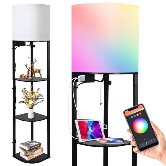 CREATIVE HOBBIES Smart RGB Floor Lamp with Shelves, 3-Tier Modern Shelf Floor Lamp with RGB Intelligent Bulb, 2 USB Ports & 1 Power Outlet, Display Lamp for Living Room, Bedroom and Office - Black