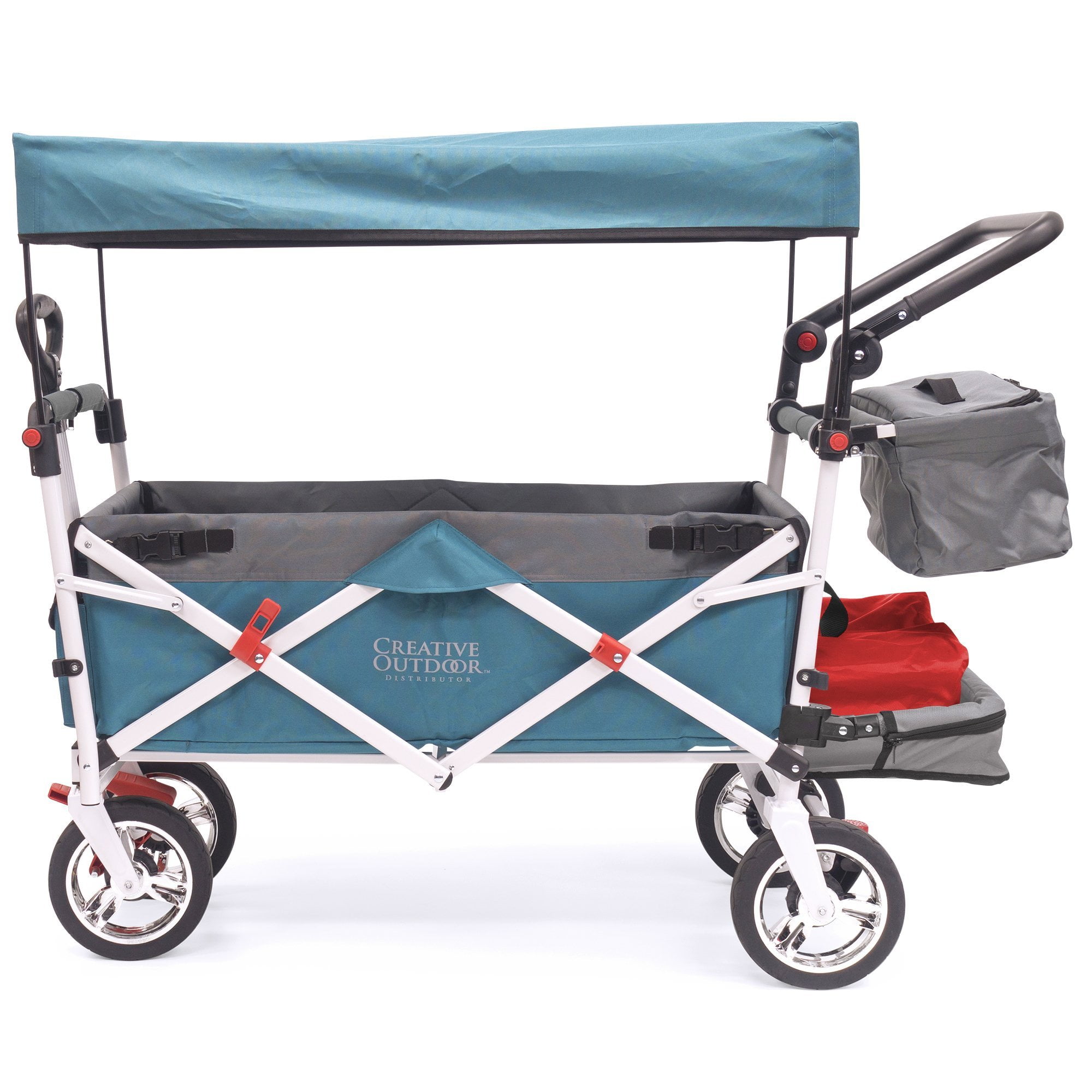 CREATIVE OUTDOOR Push-Pull Collapsible Folding Wagon Stroller Canopy w/ Removable Cooler, Silver Series, Teal/Gray