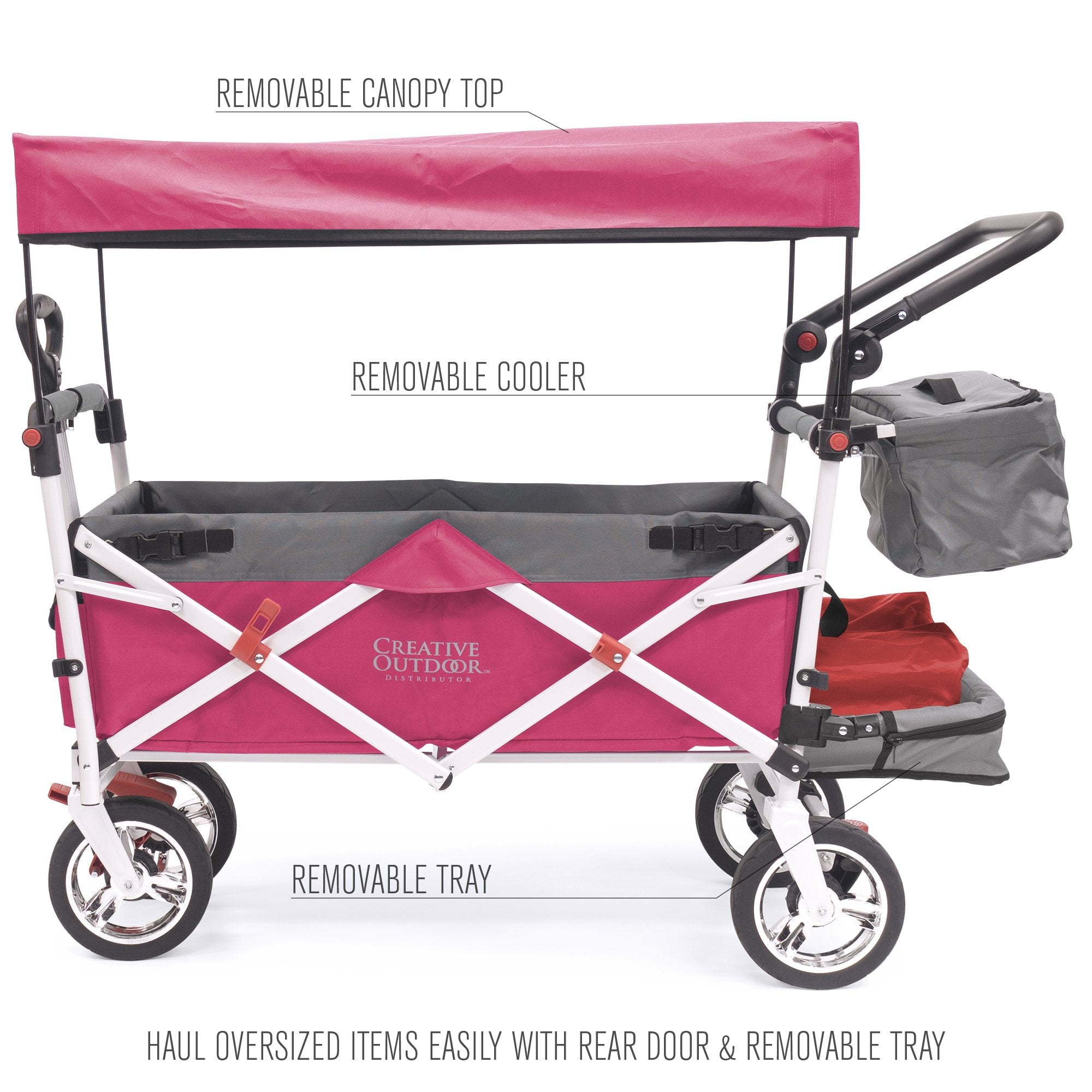 CREATIVE OUTDOOR Push-Pull Collapsible Folding Wagon Stroller Cart w/ Removable Cooler, Canopy & adjustable Handle, Pink