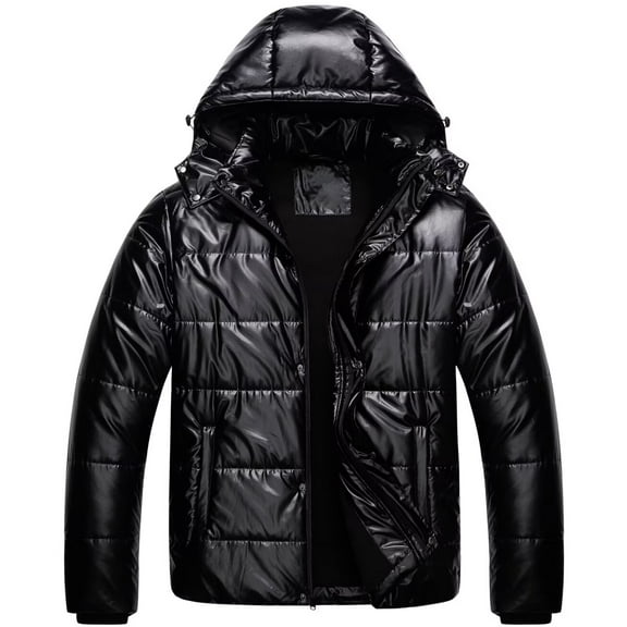 Chrisuno Big and Tall Coats for Men 4Xl Winter Jacket Men's Puffer Thicken Coat Warm Padded with Hood Shiny Black 6X
