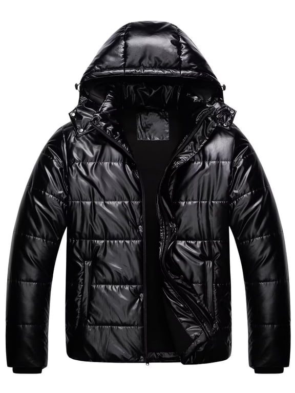 Big and Tall Coats for Men 4Xl Winter Jacket Men's Puffer Thicken Coat Warm Padded with Hood Shiny Black 6X