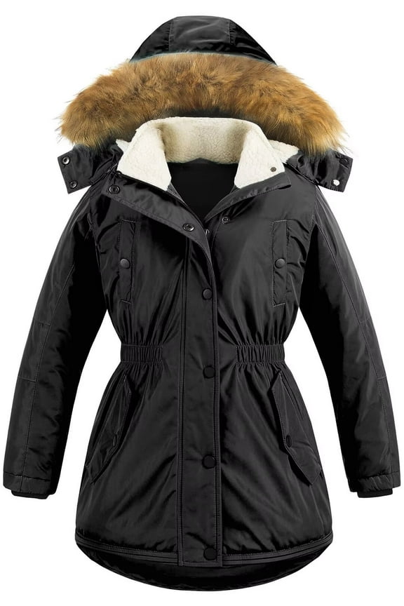 Girl's Winter Coat Heavyweight Anorak Snow Jacket With Cream Lining And Hood Black 4-5