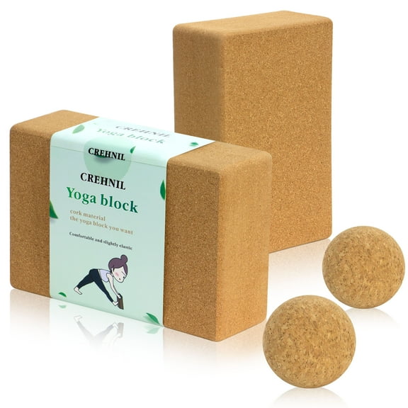 CREHNIL Cork Yoga Blocks 2 Pack With Massage Ball Set Of 2 Handstand Natural Brick Bulk Exercise Peloton Stretching Pilates Slack Workout Block Equipment For Home Lover