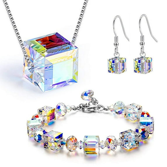 CREHNIL Women's Fashion Jewelry Sets Cube Crystal Necklaces Bracelets Earrings Pendants Anniversary Birthday Mother's Day Gifts