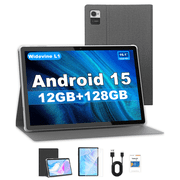 CRELANDER 10.1 Inch Android 15 Tablet, Quad-Core T310, 4GB RAM + 64GB Storage Display 12+128GB,Dual-Band WiFi, 5000mAh Battery, Dual Camera 5MP+13MP,With Data Cable and Leather Case,Grey