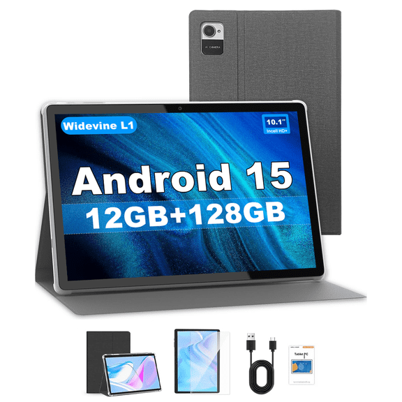CRELANDER 10.1 Inch Android 15 Tablet, Quad-Core T310, 4GB RAM + 64GB Storage (Display 12+128GB),Dual-Band WiFi, 5000mAh Battery, Dual Camera (5MP+13MP),With Data Cable and Leather Case,Grey