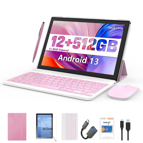 CRELANDER Android Tablet 10.1 Inch with SIM Card Slot 4G LTE Calling,12GB+512GB, 8000mAh Battery, Dual Camera,Bluetooth/WiFi, Bundle with Keyboard, Case,Mouse & Stylus (Pink)