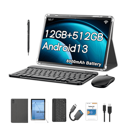 CRELANDER Android Tablet 10.1 Inch with SIM Card Slot 4G LTE Calling,12GB+512GB, 8000mAh Battery, Dual Camera,Bluetooth/WiFi, Bundle with Keyboard, Case,Mouse & Stylus (Grey Black)