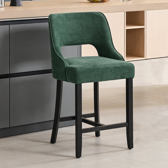 CRERIYO 26" Bar Stool Set of 1 with H-Shaped Legs, Upholstered Comfort Counter Height Stool with Black Curved Footrest, Modern Counter Stools for Kitchen Island, Darkgreen