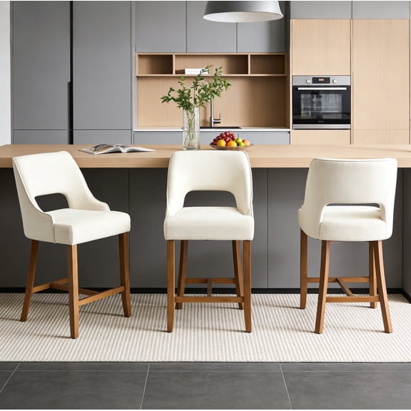 CRERIYO 26" Bar Stool Set of 3 with H-Shaped Legs, Upholstered Comfort Counter Height Stool with Walnut Curved Footrest, Modern Counter Stools for Kitchen Island, Beige
