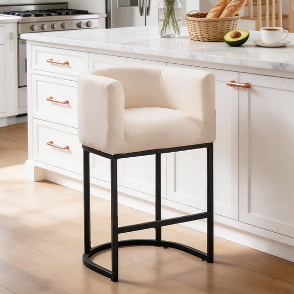 CRERIYO 26" H Counter Height Bar Stools Set of 1, Modern Barrel Counter Stools with Backrest and Arms, Linen Fabric Upholstered Accent Barstools for Kitchen Island, Beige-Black Leg