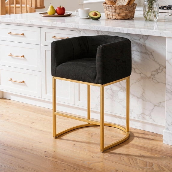 CRERIYO 26" H Counter Height Bar Stools Set of 1, Fabric Upholstered Modern Barrel Accent Stools with Metal Frame, Black-Golden Leg
