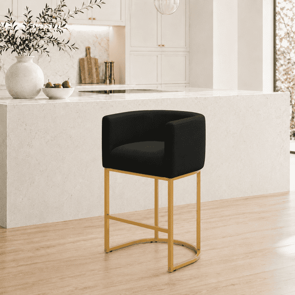 CRERIYO 26" Counter Height Bar Stool Set of 1, Fabric Upholstered Modern Barrel Bar Chair with Metal Frame, Black