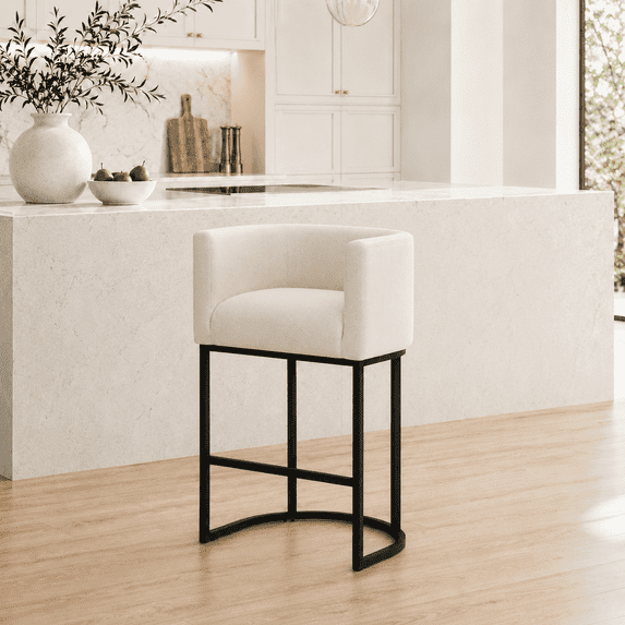 CRERIYO 26" Counter Height Bar Stool Set of 1, Fabric Upholstered Modern Barrel Bar Chair with Metal Frame, Camel