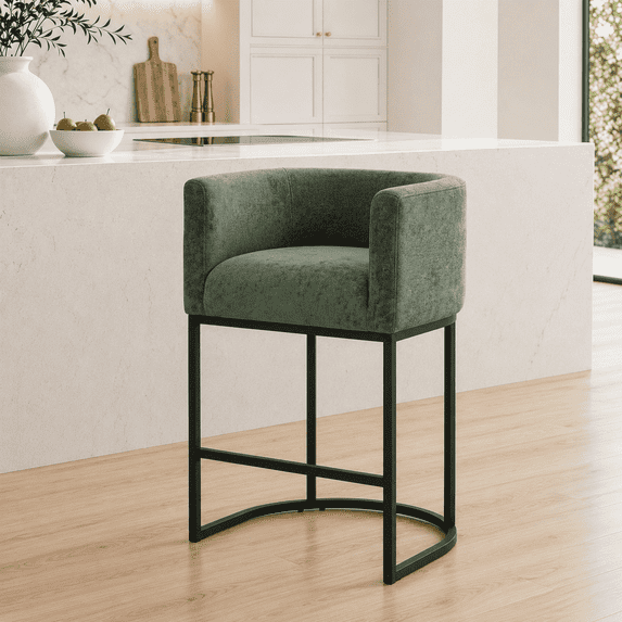 CRERIYO 26" Counter Height Bar Stool Set of 1, Chenille Upholstered Modern Barrel Bar Chair with Metal Frame, Green