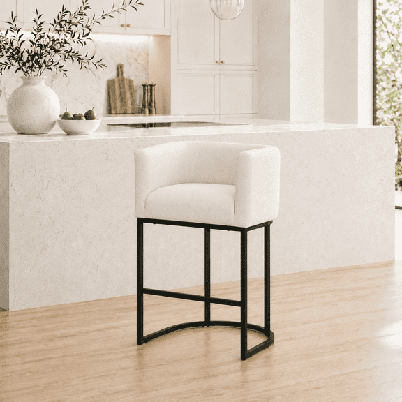 CRERIYO 26" Counter Height Bar Stool Set of 1, Fabric Upholstered Modern Barrel Bar Chair with Metal Frame, Linen