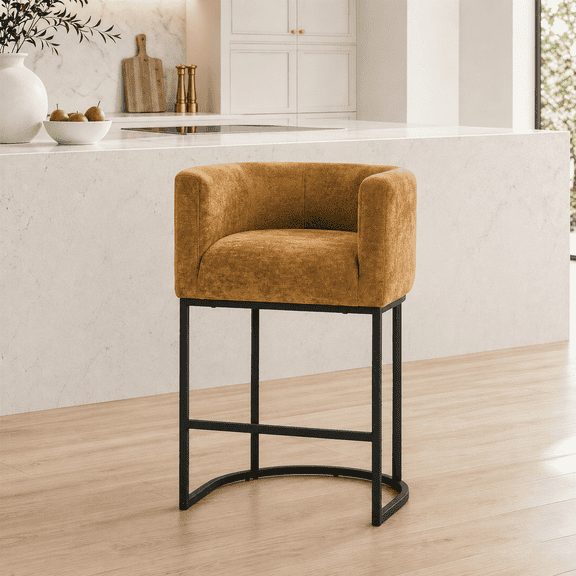 CRERIYO 26" Counter Height Bar Stool Set of 1, Chenille Upholstered Modern Barrel Bar Chair with Metal Frame, Yellow