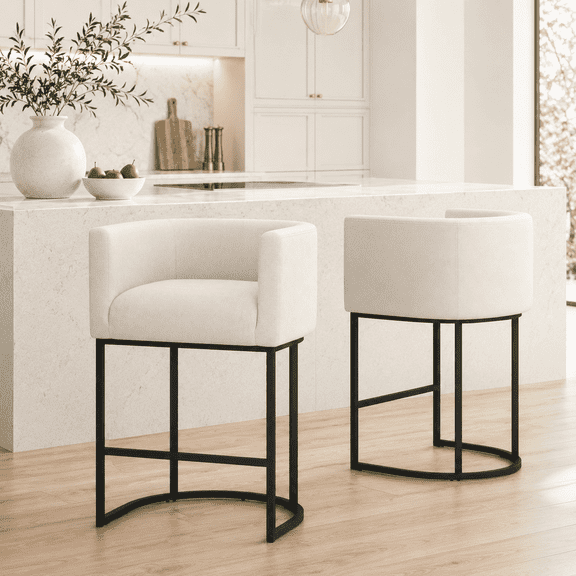 CRERIYO 26" Counter Height Bar Stools Set of 2, Fabric Upholstered Modern Barrel Bar Chairs with Metal Frame, Beige