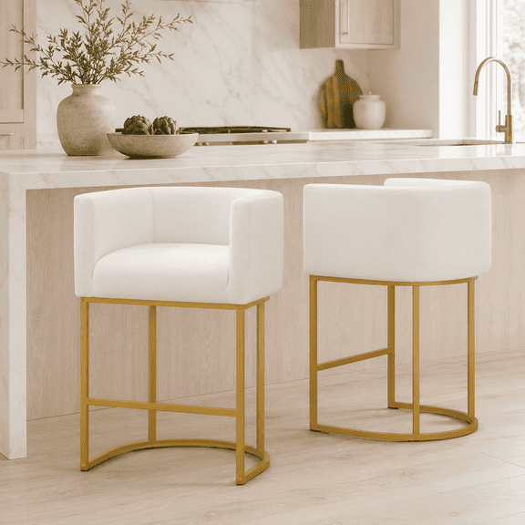 CRERIYO 26" Counter Height Bar Stools Set of 2, Fabric Upholstered Modern Barrel Bar Chairs with Metal Frame, Beige