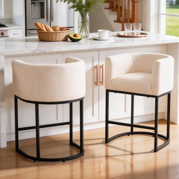 CRERIYO 26" H Counter Height Bar Stools Set of 2, Modern Barrel Counter Stools with Backrest and Arms, Linen Fabric Upholstered Accent Barstools for Kitchen Island, Beige-Black Leg