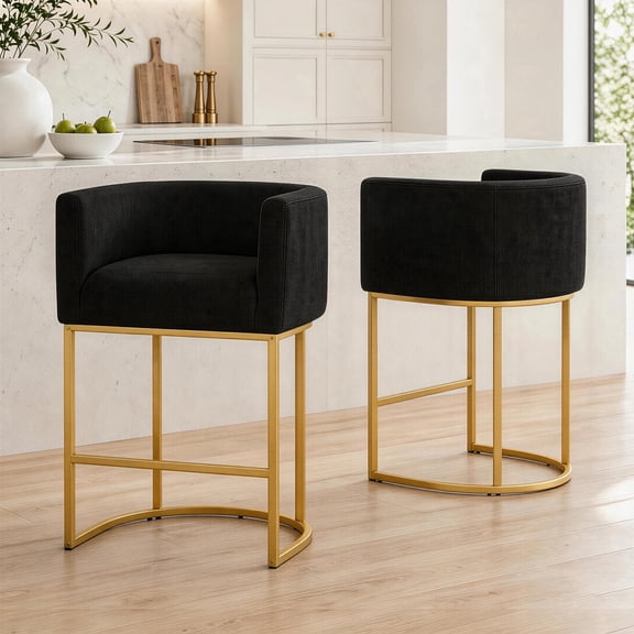 CRERIYO 26" Counter Height Bar Stools Set of 2, Fabric Upholstered Modern Barrel Bar Chairs with Metal Frame, Black