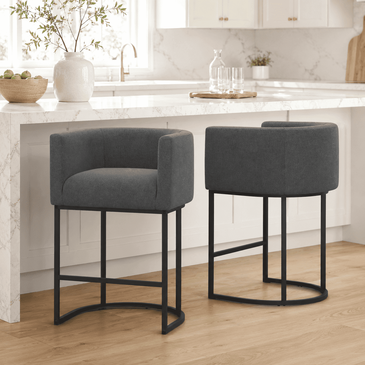 CRERIYO 26" Counter Height Bar Stools Set of 2, Fabric Upholstered Modern Barrel Bar Chairs with Metal Frame, Darkgray