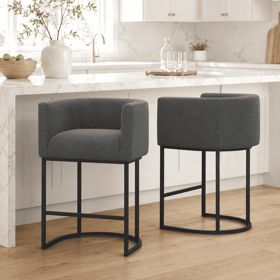 CRERIYO 26" Counter Height Bar Stools Set of 2, Fabric Upholstered Modern Barrel Bar Chairs with Metal Frame, Darkgray