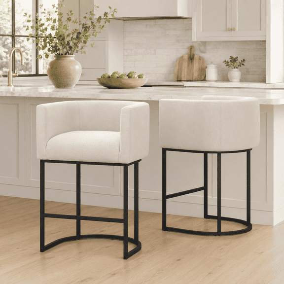 CRERIYO 26" Counter Height Bar Stools Set of 2, Fabric Upholstered Modern Barrel Bar Chairs with Metal Frame, Linen