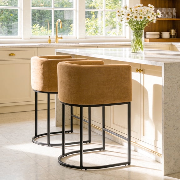 CRERIYO 26" Counter Height Bar Stools Set of 2, Chenille Upholstered Modern Barrel Bar Chairs with Metal Frame, Yellow