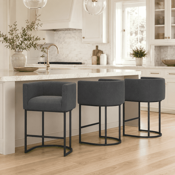 CRERIYO 26" Counter Height Bar Stools Set of 3, Fabric Upholstered Modern Barrel Bar Chairs with Metal Frame, Darkgray