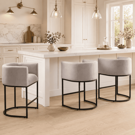 CRERIYO 26" Counter Height Bar Stools Set of 3, Fabric Upholstered Modern Barrel Bar Chairs with Metal Frame, Gray