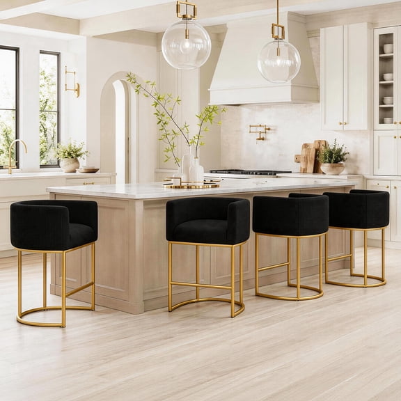 CRERIYO 26" Counter Height Bar Stools Set of 4, Fabric Upholstered Modern Barrel Bar Chairs with Metal Frame, Black