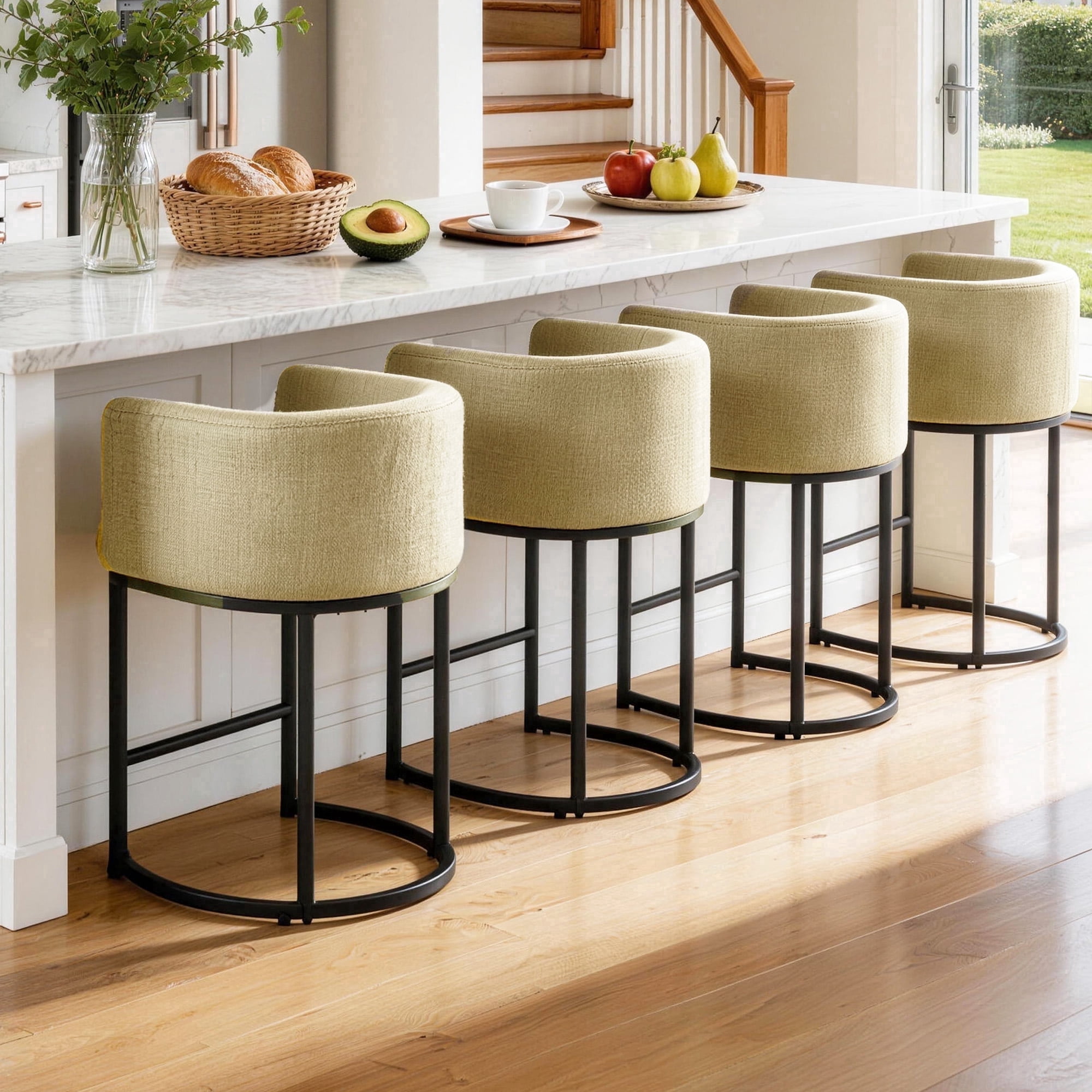CRERIYO 26" Counter Height Bar Stools Set of 4, Fabric Upholstered Modern Barrel Bar Chairs with Metal Frame, Camel