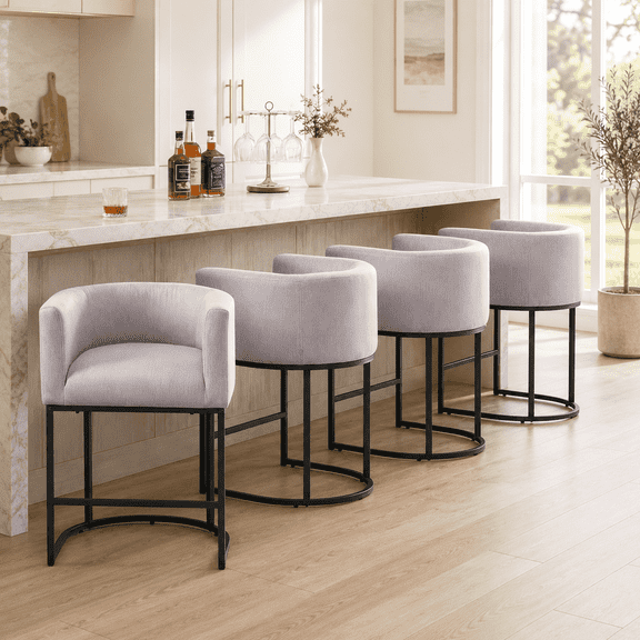 CRERIYO 26" Counter Height Bar Stools Set of 4, Fabric Upholstered Modern Barrel Bar Chairs with Metal Frame, Gray