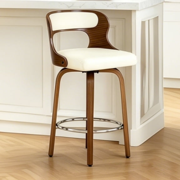 CRERIYO 26" Swivel Bar Stool Set of 1, Bentwood Counter Height Stool with Upholstered Seat, Wood Legs and Chrome Footrest, White