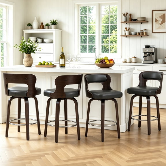 CRERIYO 26" Swivel Bar Stools Set of 4, Bentwood Counter Height Stools with Upholstered Seat, Wood Legs and Chrome Footrest, Black
