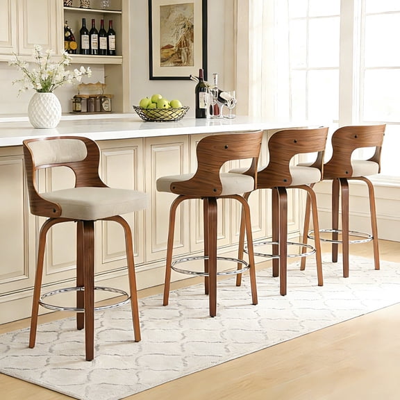 CRERIYO 26" Swivel Bar Stools Set of 4, Bentwood Counter Height Stools with Upholstered Seat, Wood Legs and Chrome Footrest, Camel