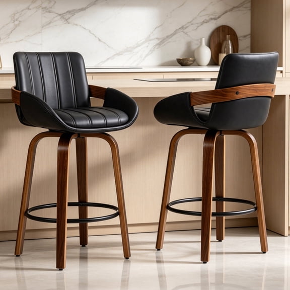 CRERIYO 26" Swivel Counter Height Bar Stools Set of 2, PU Leather Upholstered Bar Chairs with Black Ring Footrest and Walnut Wood Legs, Black