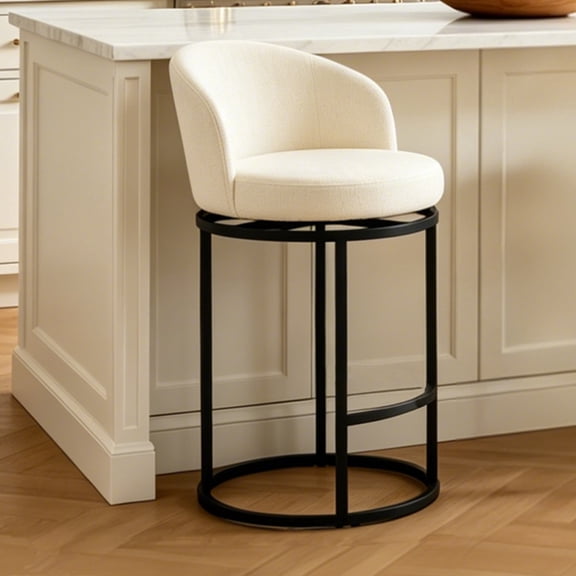 CRERIYO 27" Counter Height Bar Stool Set of 1, Fabric Upholstered Swivel Barrel Bar Chair with 90° Auto Return and Metal Frame, Beige