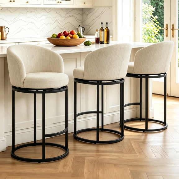 CRERIYO 27" Counter Height Bar Stools Set of 3, Fabric Upholstered Swivel Barrel Bar Chairs with 90° Auto Return and Metal Frame, Linen