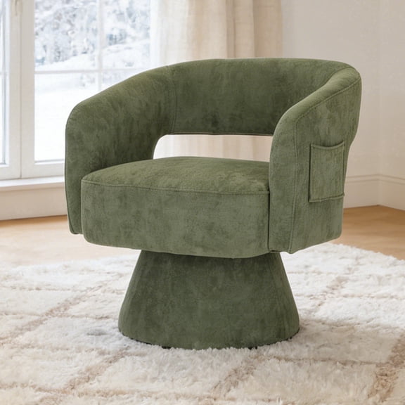 CRERIYO 360° Swivel Accent Chair Set of 1, Cloud Velvet Upholstered Barrel Seat with a Pillow, Round Lounge seating for Living Room, Green