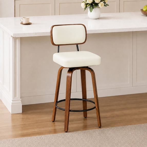 CRERIYO 360° Swivel Counter Height Bar Stool Set of 1, PU Leather Upholstered Bar Chair with Bentwood Legs and Backrest for Kitchen Island, White
