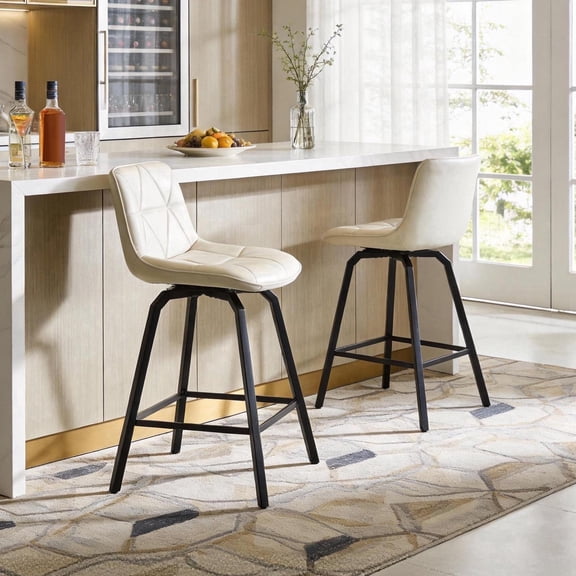 CRERIYO 360° Swivel Counter Height Bar Stools Set of 2, 26" Faux Leather Seats with Triangle Stitching and Metal Legs for Kitchen Island, White