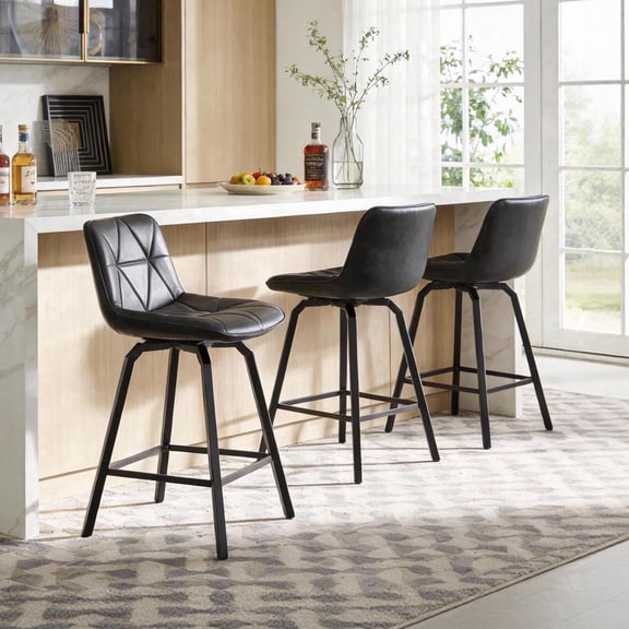 CRERIYO 360° Swivel Counter Height Bar Stools Set of 3, 26" Faux Leather Seats with Triangle Stitching and Metal Legs for Kitchen Island, Black