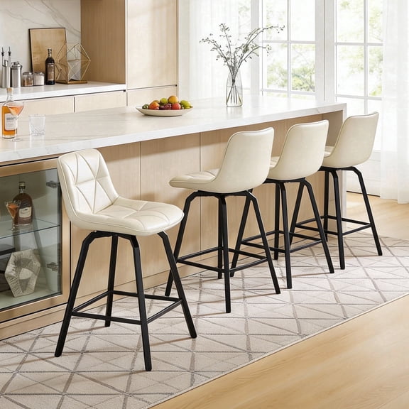 CRERIYO 360° Swivel Counter Height Bar Stools Set of 4, 26" Faux Leather Seats with Triangle Stitching and Metal Legs for Kitchen Island, White