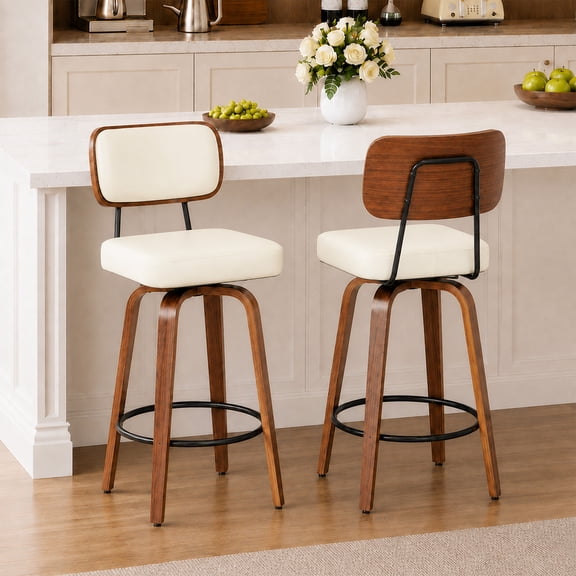 CRERIYO 360° Swivel Counter Height Bar Stools Set of 2, PU Leather Upholstered Bar Chairs with Bentwood Legs and Backrest for Kitchen Island, White
